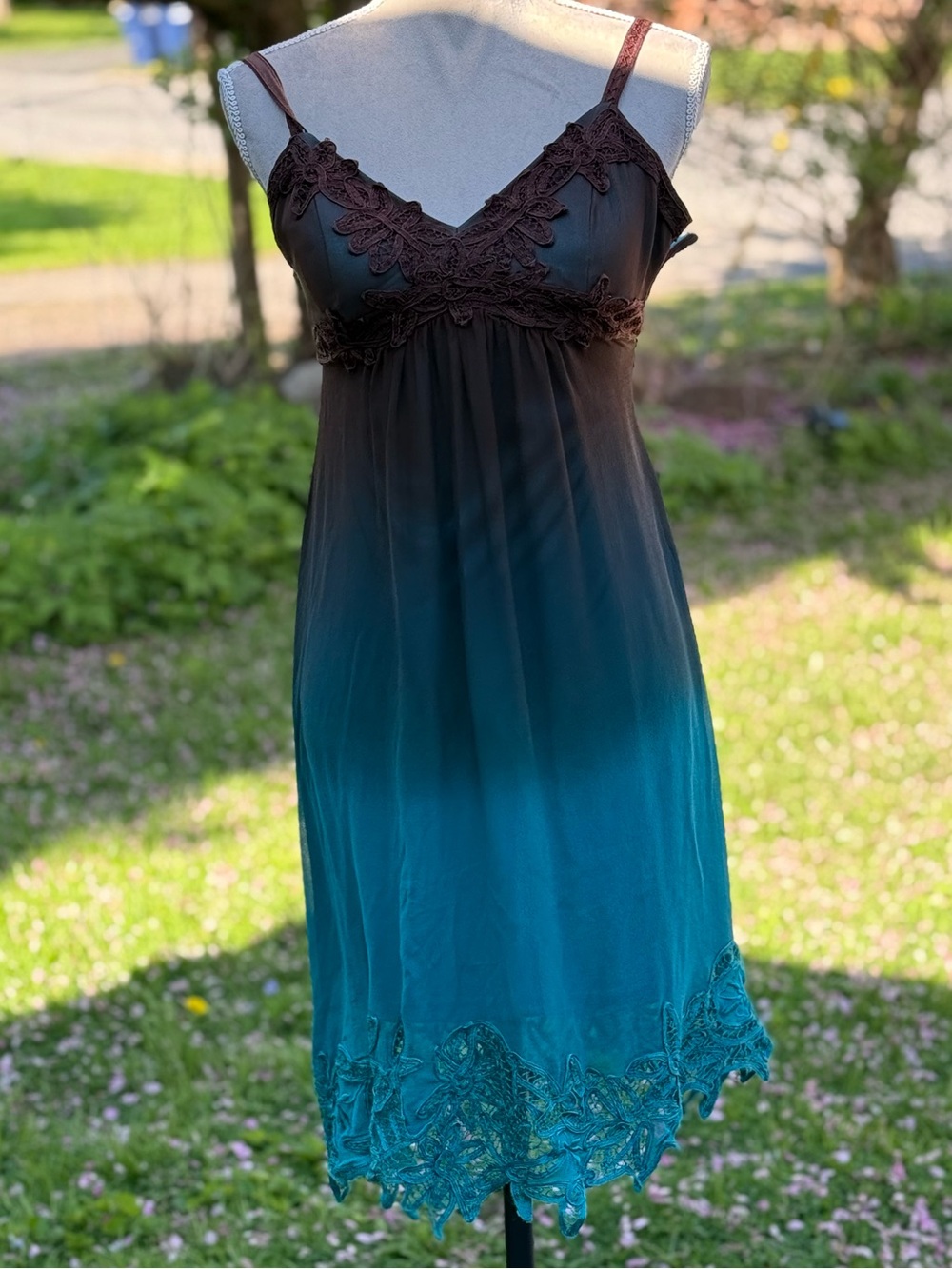 Vintage Sue Wong Nocturne Ombre Teal to Dark Brown Lace Trim Slip Dress